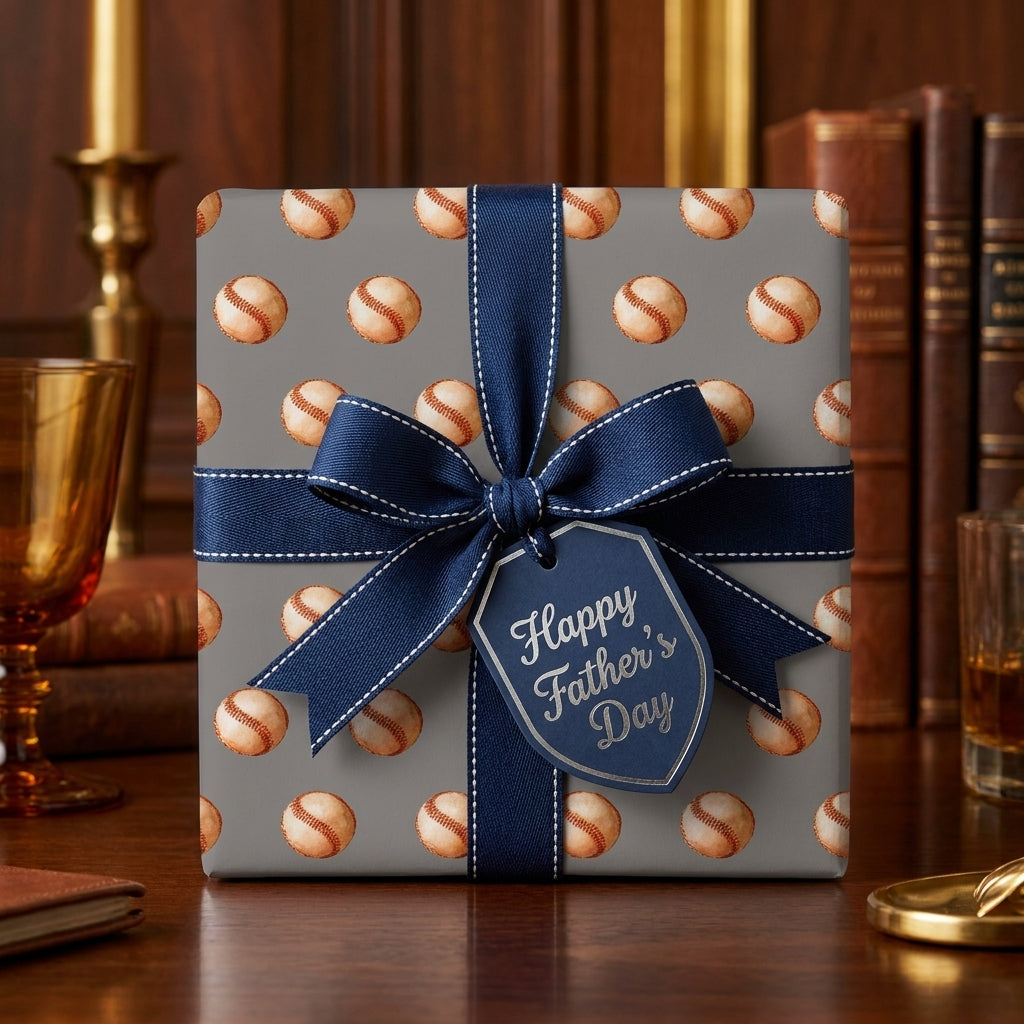 Baseball wrapping paper on a Father's Day gift box with a navy blue bow, by Wrapped Studios.