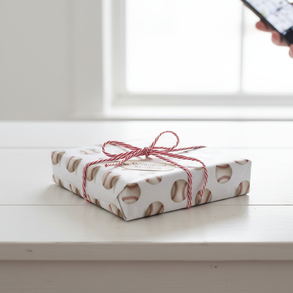 Wrapped Studios baseball wrapping paper. White gift wrap with baseball pattern and red baker's twine.