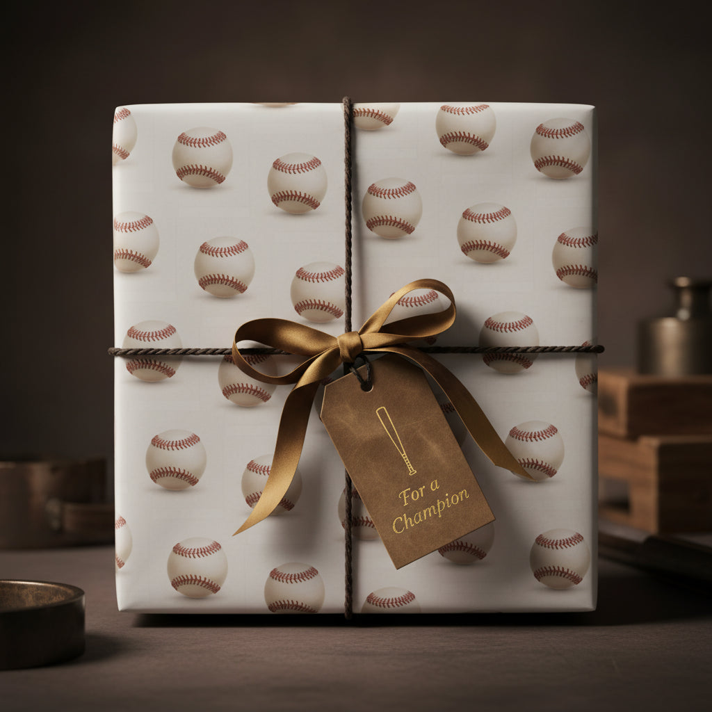 Gift wrapped in baseball-themed wrapping paper with ribbon and "For a Champion" tag.