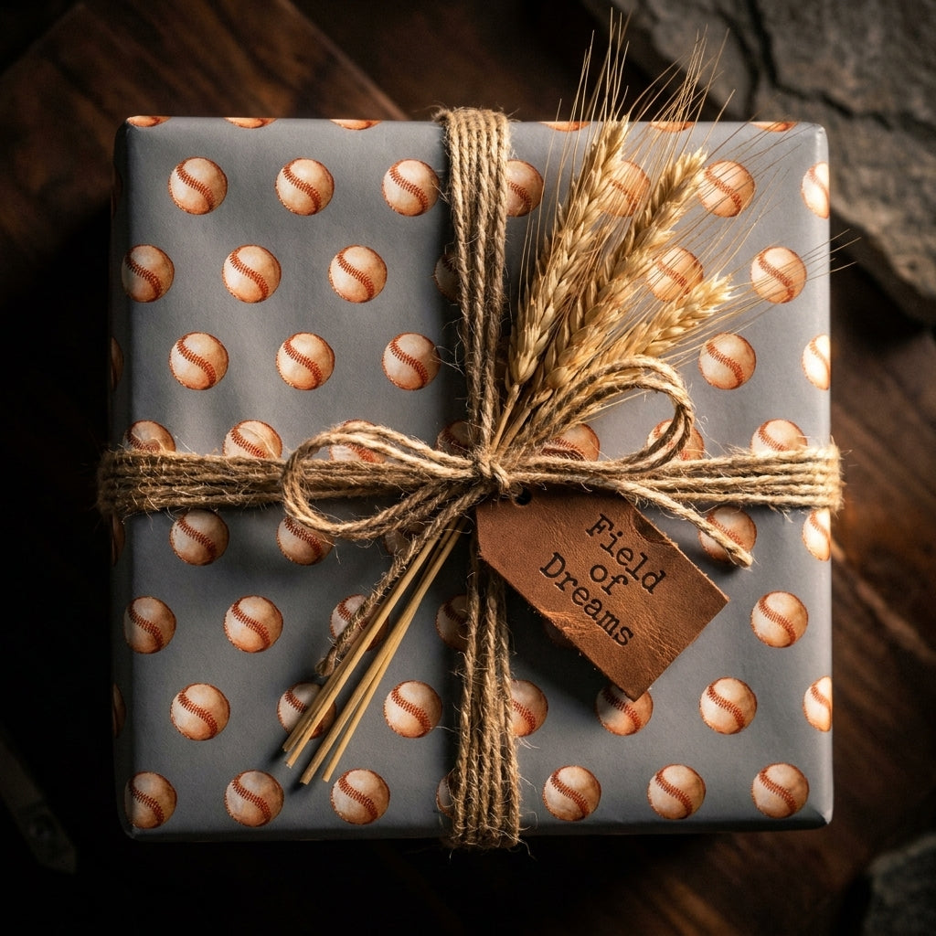 Rustic baseball wrapping paper with twine, dried wheat, and leather tag by Wrapped Studios.