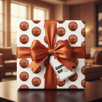 Basketball gift wrap with burnt orange ribbon. "Game On!" tag. Great for sports fans.