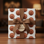 Basketball wrapping paper with brown ribbon and a gift tag saying "For a Champion."
