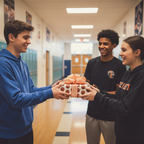 Smiling students exchange a gift wrapped in basketball themed wrapping paper with an orange ribbon bow.