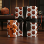 Basketball wrapping paper with black and orange ribbon. Sports gift wrap by Wrapped Studios.