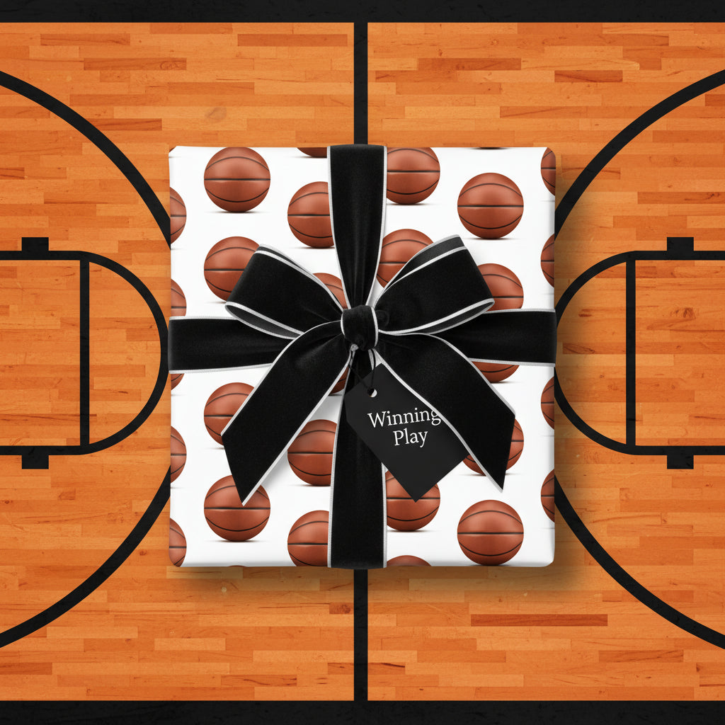 Basketball wrapping paper on a gift with a black bow, "Winning Play" tag.