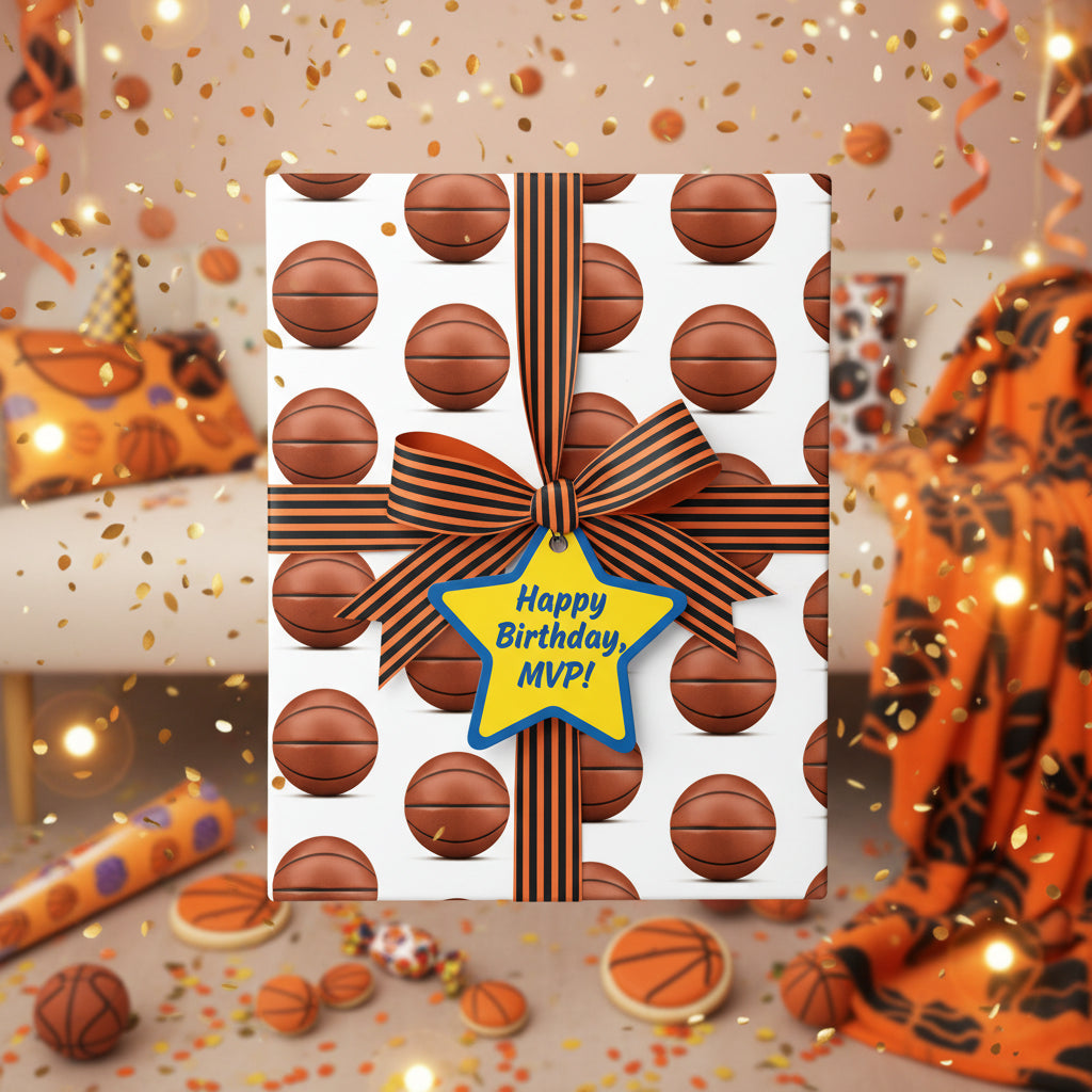 Basketball birthday wrapping paper featuring an orange and black striped ribbon and "Happy Birthday, MVP!" tag.