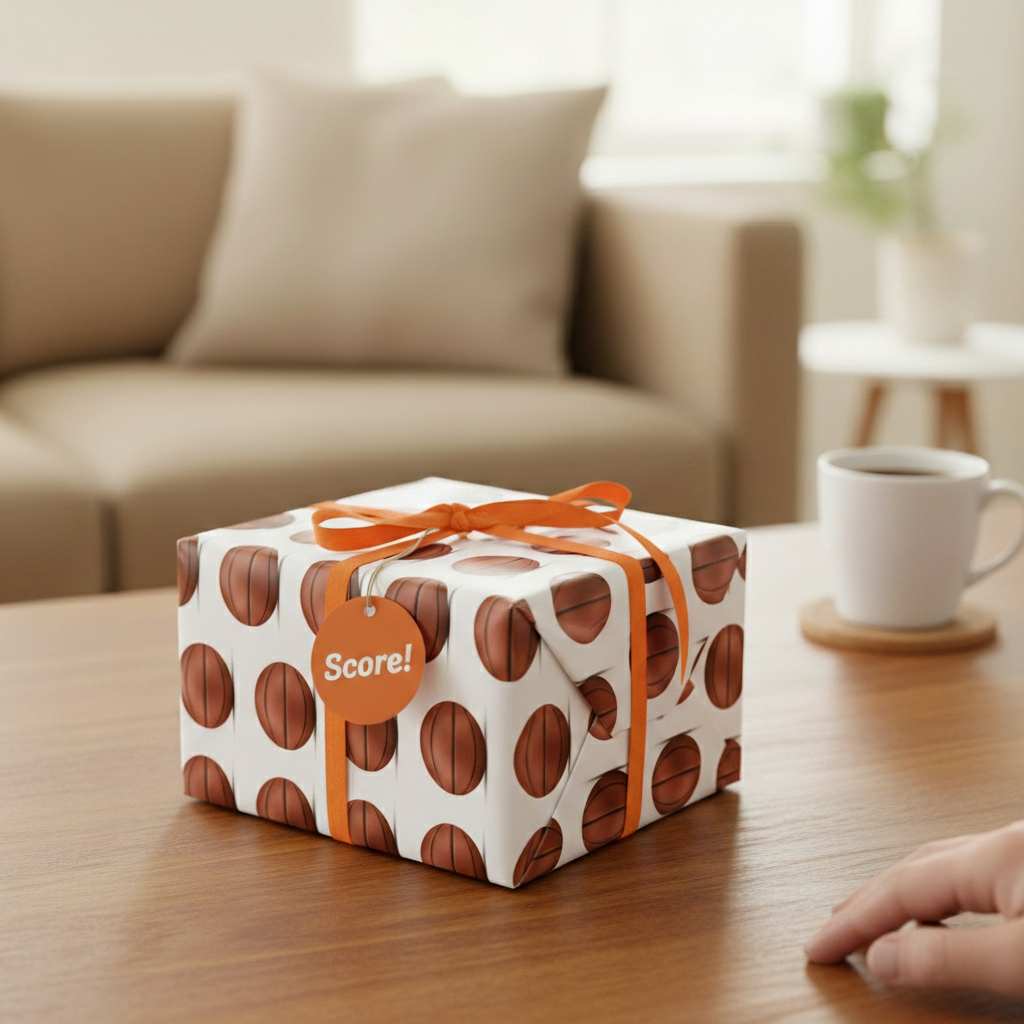 Basketball wrapping paper, great for a sports themed birthday or game win! Orange ribbon detail.