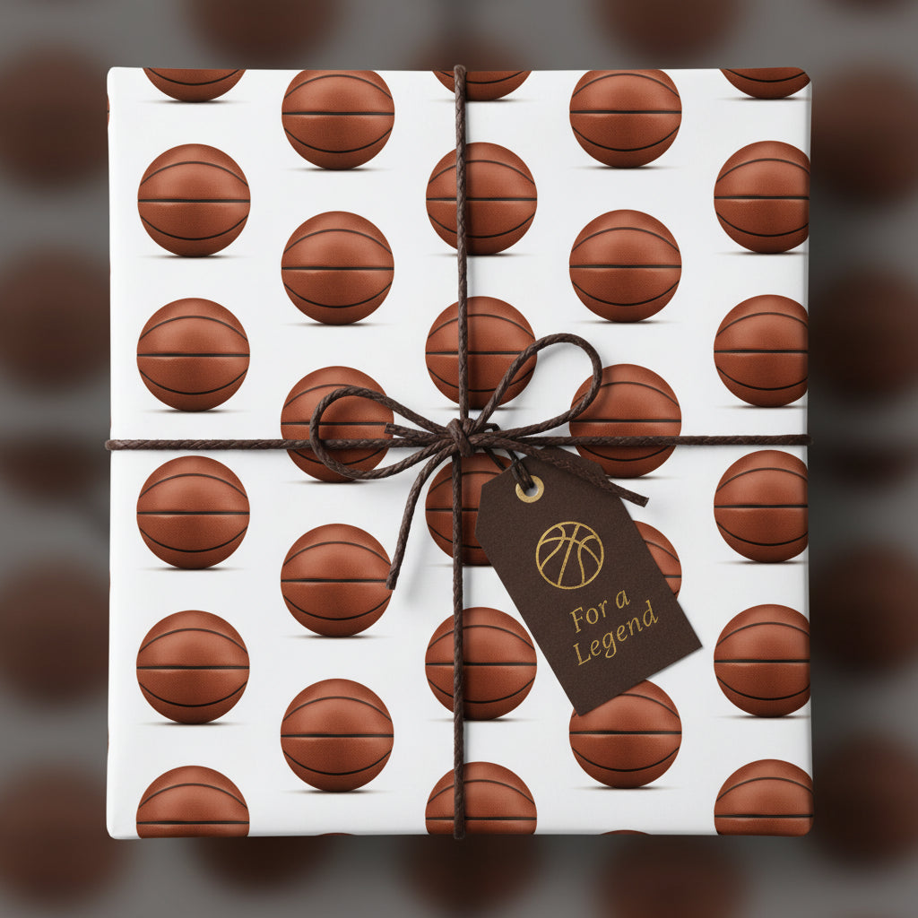 Basketball-themed wrapping paper with a "For a Legend" gift tag.