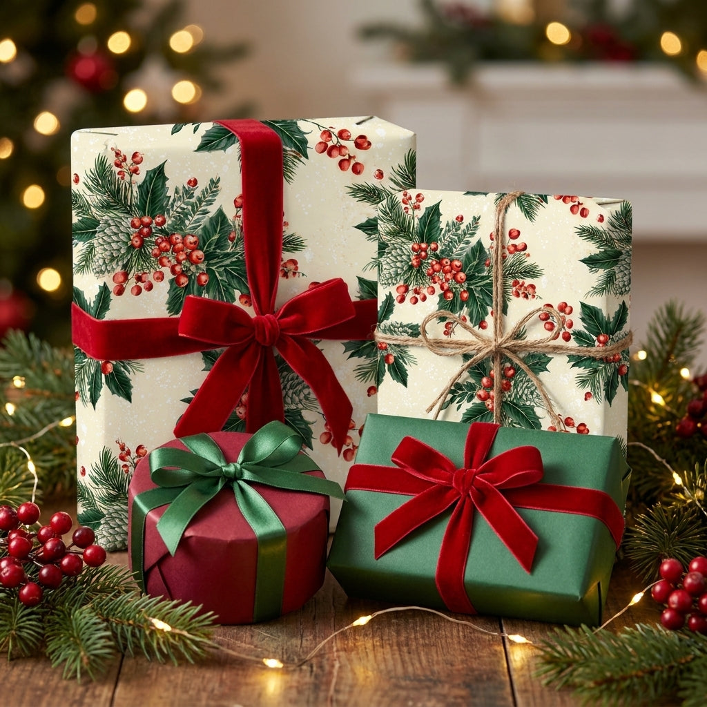 Luxury Christmas wrapping paper with botanical holly print and red velvet bows by Wrapped Studios.