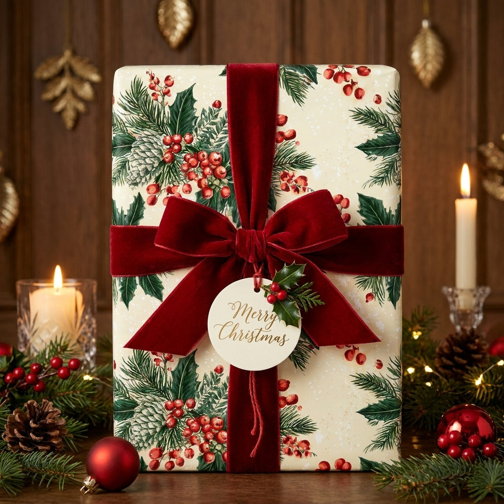 Luxury botanical Christmas wrapping paper with red velvet bow by Wrapped Studios.