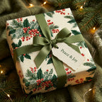 Vintage botanical Christmas gift wrap with a green ribbon and holly berry pattern by Wrapped Studios.