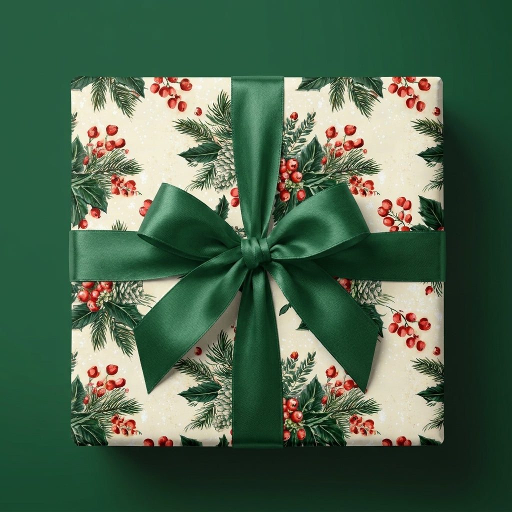 Botanical Christmas wrapping paper with red berries and a green satin bow by Wrapped Studios.