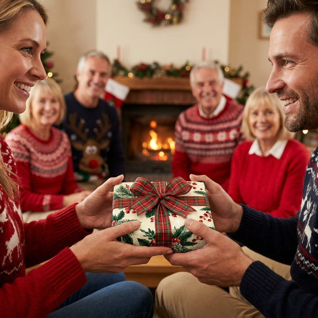 Couple exchanging gift in vintage Christmas wrapping paper with plaid bow by Wrapped Studios.