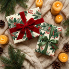 Cozy botanical Christmas wrapping paper with elegant red velvet ribbon by Wrapped Studios.