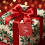 Vintage Christmas wrapping paper with holly print, red satin bow, and tag by Wrapped Studios.