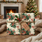 Rustic holly Christmas wrapping paper by Wrapped Studios on a holiday gift tied with twine.