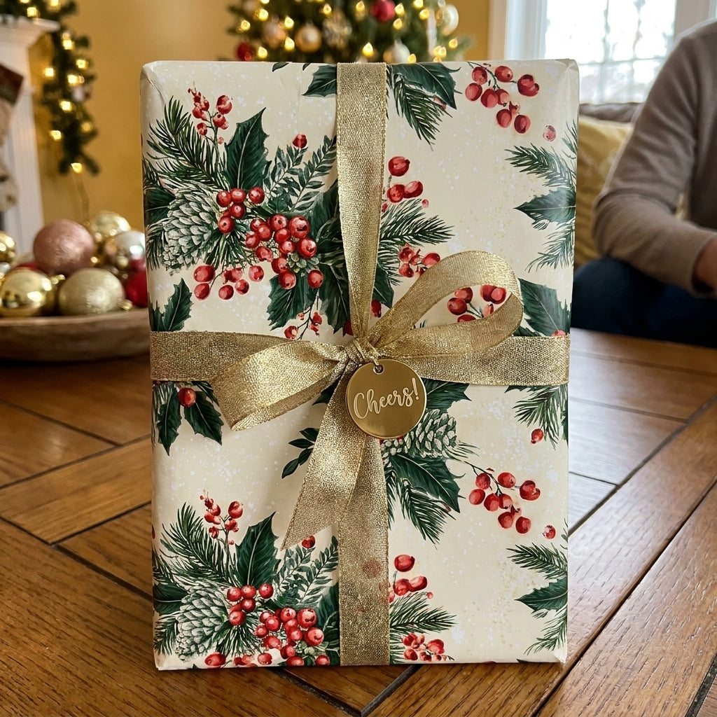 Luxury Christmas wrapping paper with botanical pine and berry pattern and gold ribbon by Wrapped Studios.