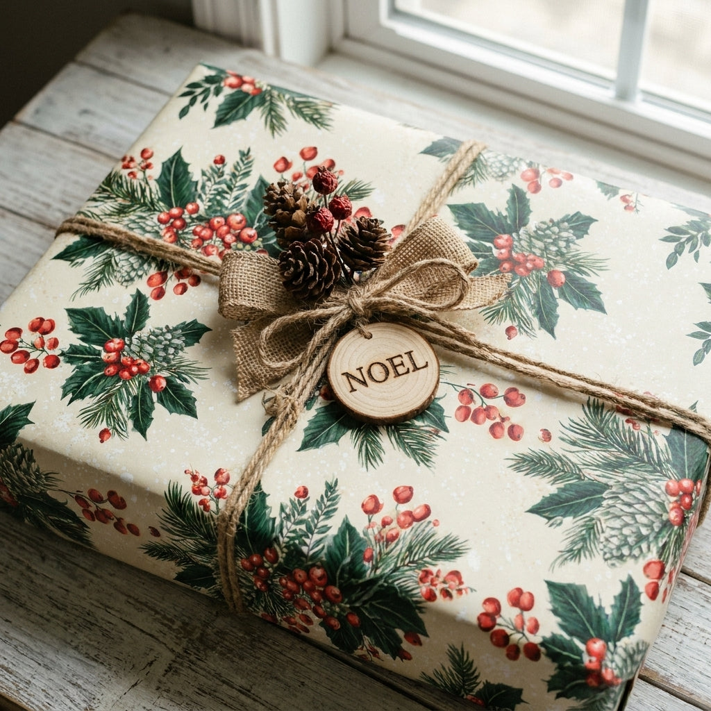 Vintage Christmas wrapping paper with holly and berries, tied with a rustic Noel tag, by Wrapped Studios.