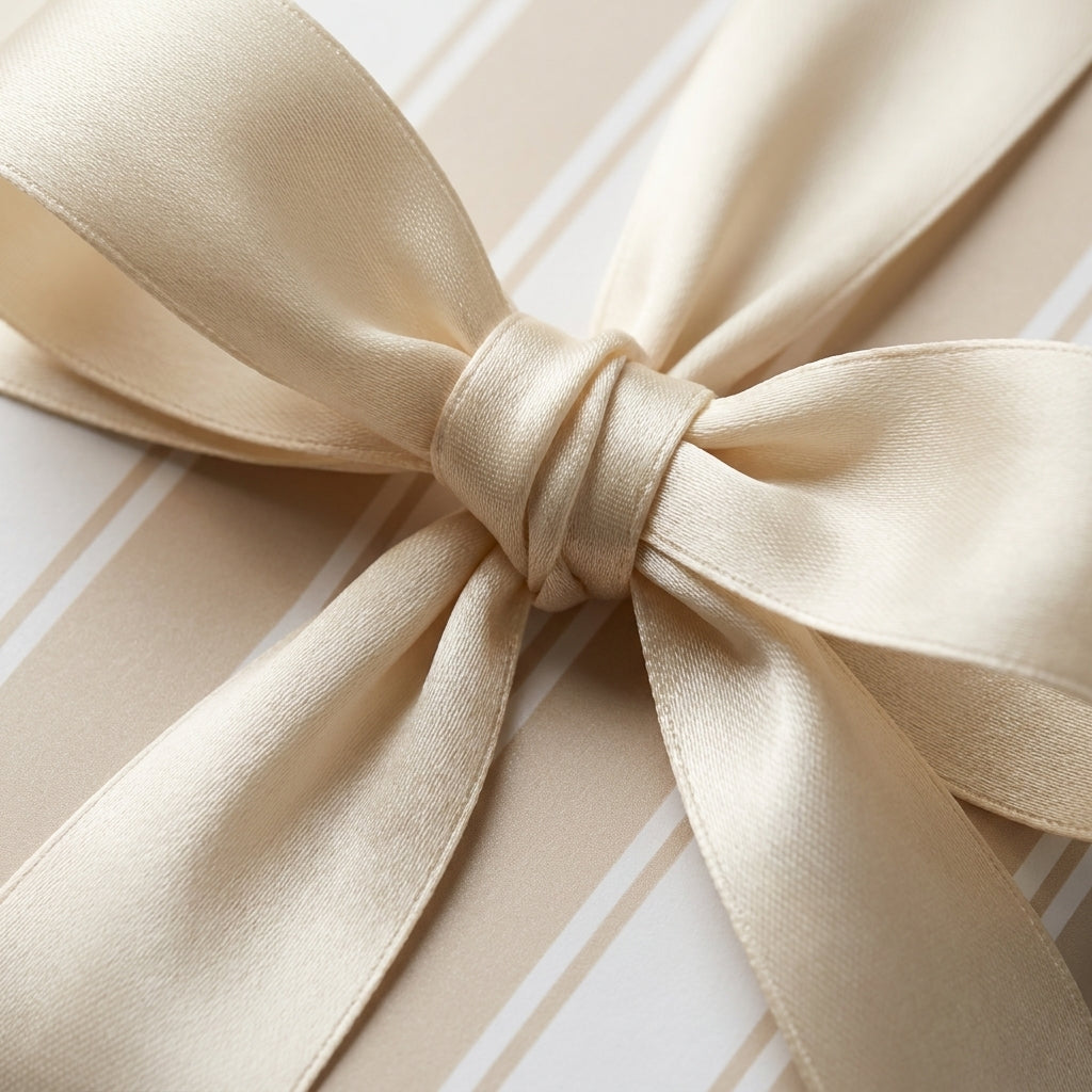Elegant striped wrapping paper with a cream satin bow, luxury wedding gift wrap by Wrapped Studios.