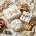 Neutral striped wrapping paper and elegant gold gift wrap with satin bows by Wrapped Studios.