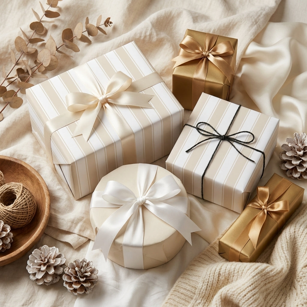 Neutral striped wrapping paper and elegant gold gift wrap with satin bows by Wrapped Studios.