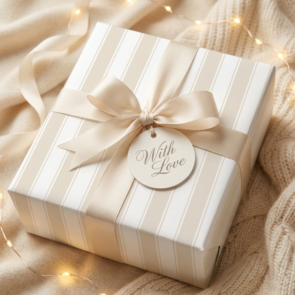 Luxury cream striped wrapping paper with a satin bow on a cozy knit blanket by Wrapped Studios.