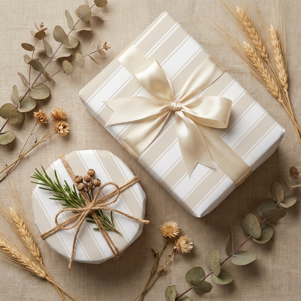 Elegant neutral striped wrapping paper with a cream satin bow and rustic twine by Wrapped Studios.