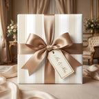 Elegant gold striped wedding wrapping paper with a satin bow and Mr. & Mrs. tag by Wrapped Studios.