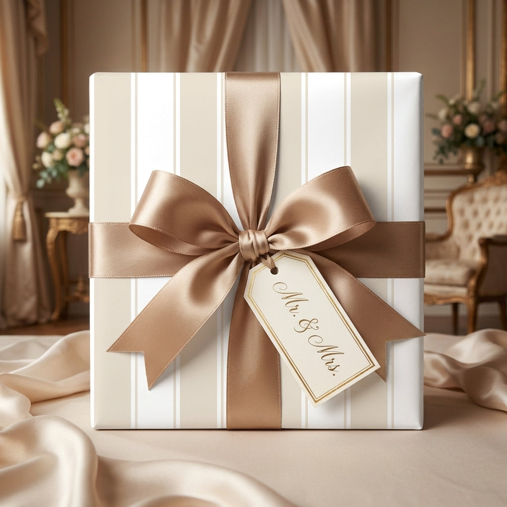 Elegant gold striped wedding wrapping paper with a satin bow and Mr. & Mrs. tag by Wrapped Studios.