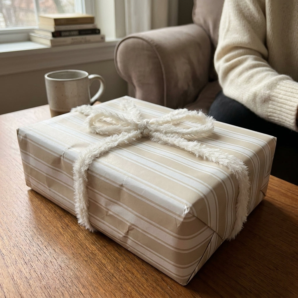 Minimalist beige and white striped wrapping paper with a fuzzy bow by Wrapped Studios.