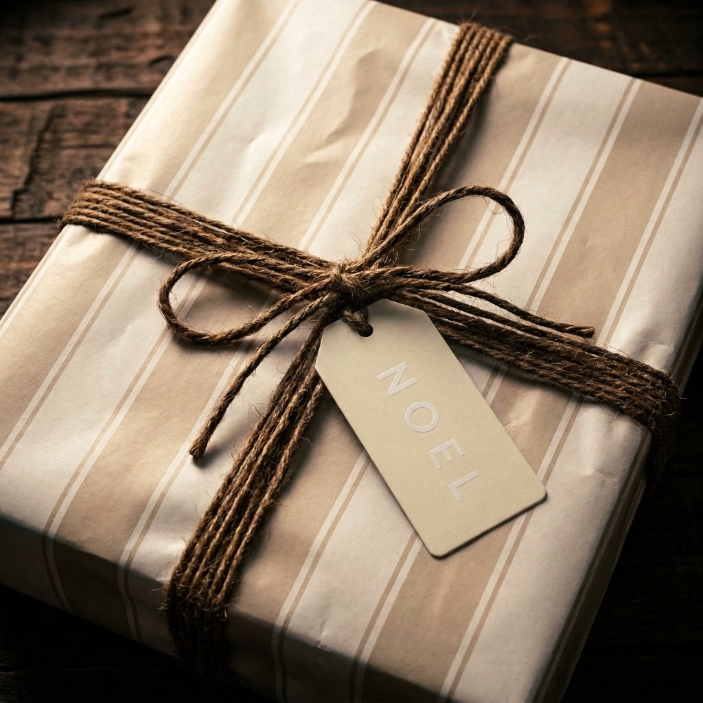 Rustic striped Christmas wrapping paper with twine bow and Noel tag by Wrapped Studios.