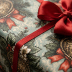 Elegant vintage Christmas wrapping paper with red satin ribbon bow on a holiday gift box, by Wrapped Studios.