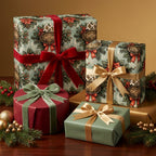 Elegant vintage Christmas wrapping paper with botanical floral patterns and luxury ribbons by Wrapped Studios.