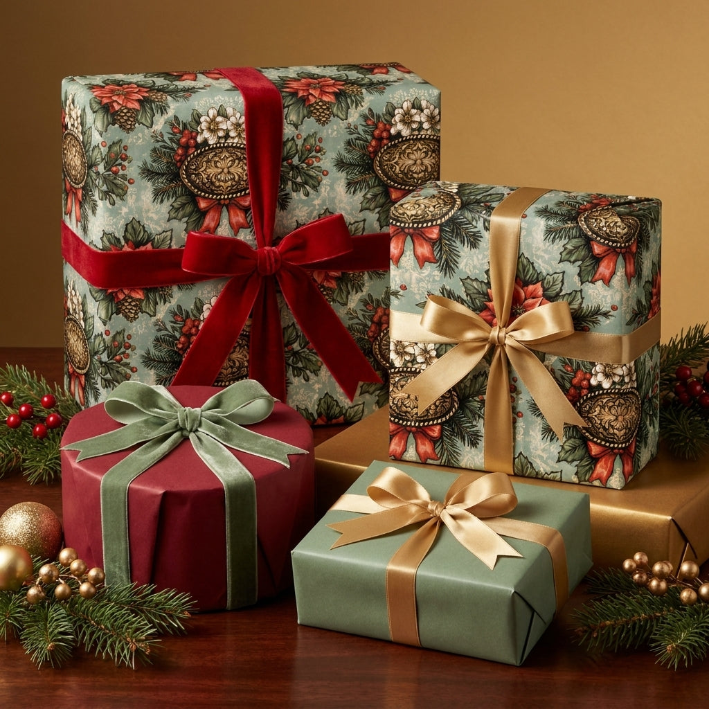 Elegant vintage Christmas wrapping paper with botanical floral patterns and luxury ribbons by Wrapped Studios.