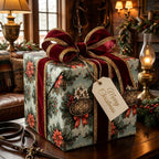 Luxury vintage Christmas wrapping paper by Wrapped Studios with a poinsettia pattern and burgundy velvet bow.