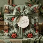 Vintage Christmas wrapping paper with a poinsettia pattern and sage green silk bow by Wrapped Studios.