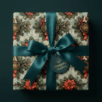 Luxury vintage Christmas wrapping paper with red poinsettias and deep teal satin bow by Wrapped Studios.