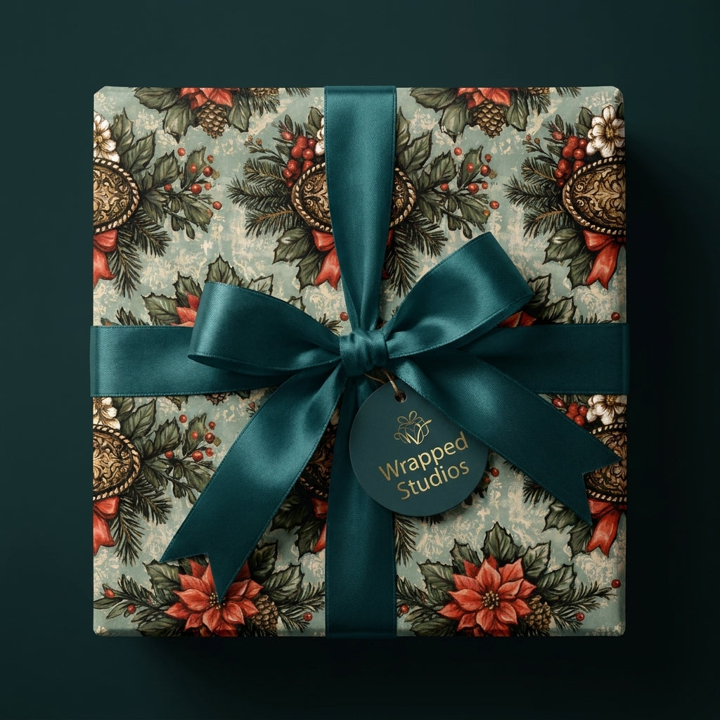 Luxury vintage Christmas wrapping paper with red poinsettias and deep teal satin bow by Wrapped Studios.