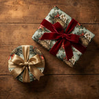 Vintage botanical Christmas wrapping paper with red velvet and gold bows by Wrapped Studios.