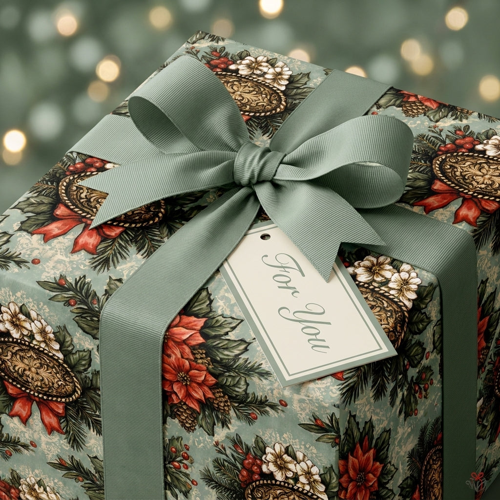 Vintage floral Christmas wrapping paper with a sage green bow and gift tag by Wrapped Studios.
