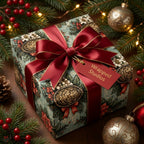 Vintage floral Christmas wrapping paper by Wrapped Studios on a gift box with a luxury red satin bow.