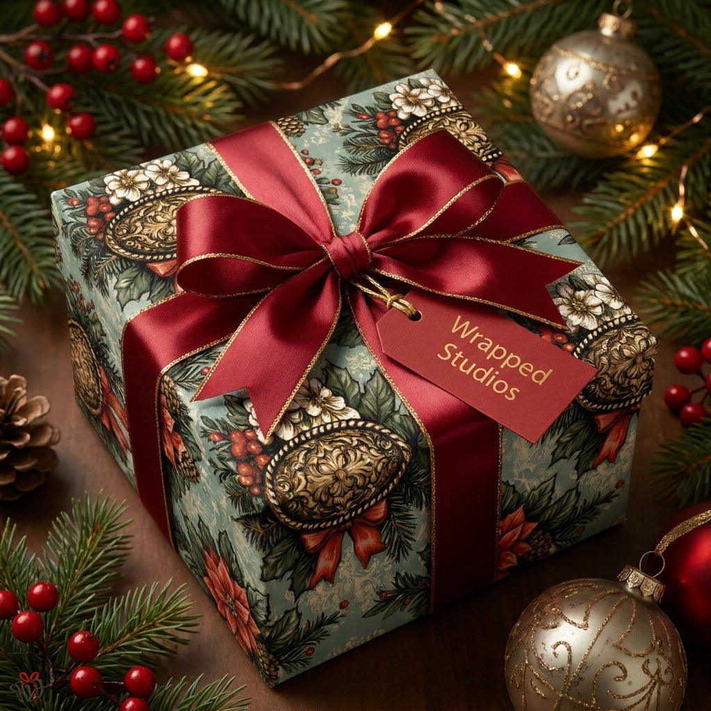 Vintage floral Christmas wrapping paper by Wrapped Studios on a gift box with a luxury red satin bow.