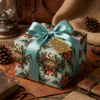 Vintage floral Christmas wrapping paper with a teal bow on a gift box. Luxury holiday gift wrap by Wrapped Studios.