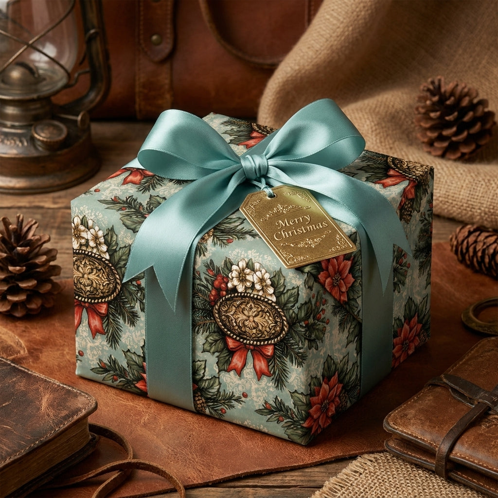 Vintage floral Christmas wrapping paper with a teal bow on a gift box. Luxury holiday gift wrap by Wrapped Studios.