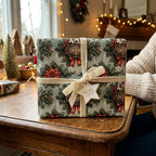 Vintage floral Christmas wrapping paper with a cream velvet bow by Wrapped Studios.