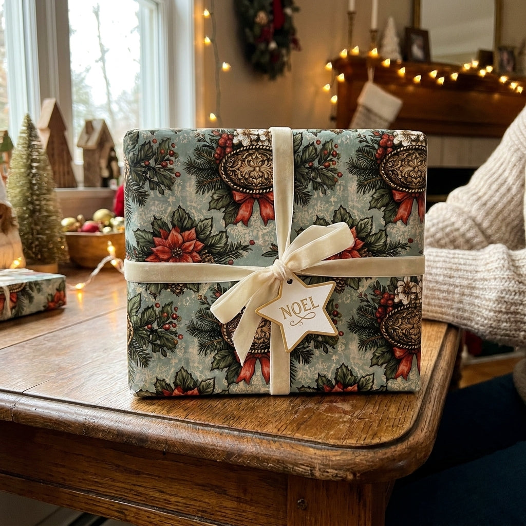 Vintage floral Christmas wrapping paper with a cream velvet bow by Wrapped Studios.