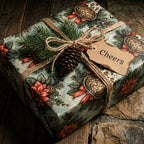 Vintage Christmas gift wrap from Wrapped Studios on a box tied with rustic twine, a pinecone, and Cheers tag.