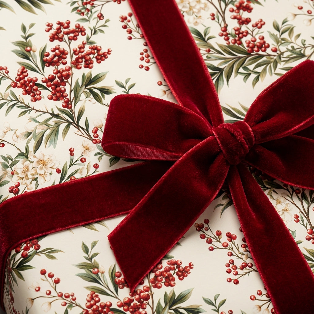 Holiday gift with red velvet bow and floral wrapping paper.