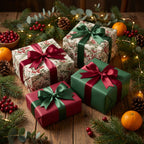 Elegant Christmas gifts wrapped in floral and solid paper with satin ribbons.