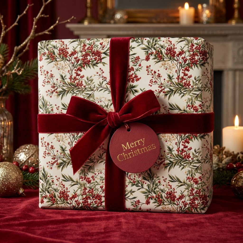 Elegant Christmas gift wrapped in floral paper with a velvet burgundy ribbon and "Merry Christmas" tag.